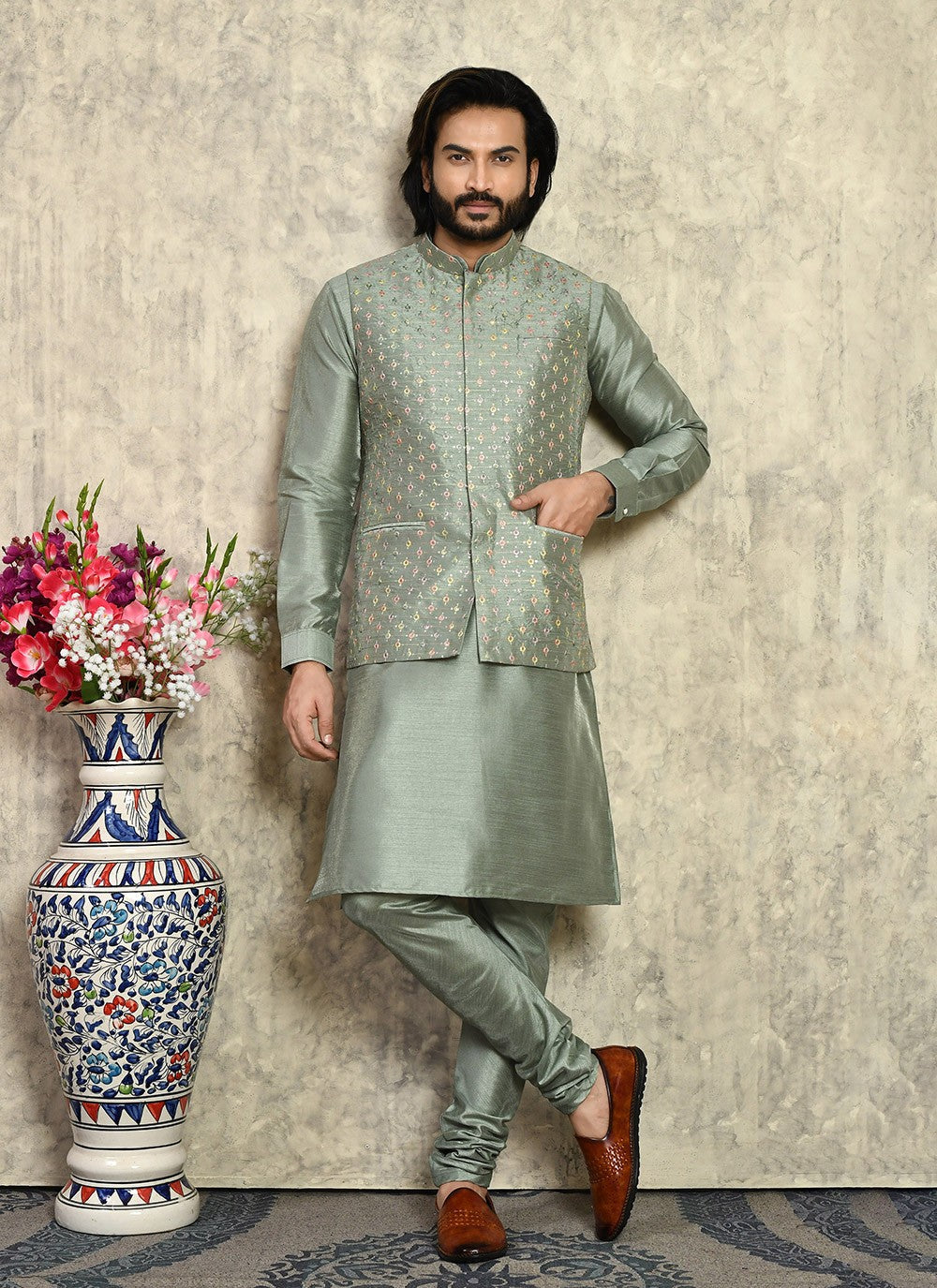 Embroidered Art Silk Green Kurta Payjama With Jacket - M8005
