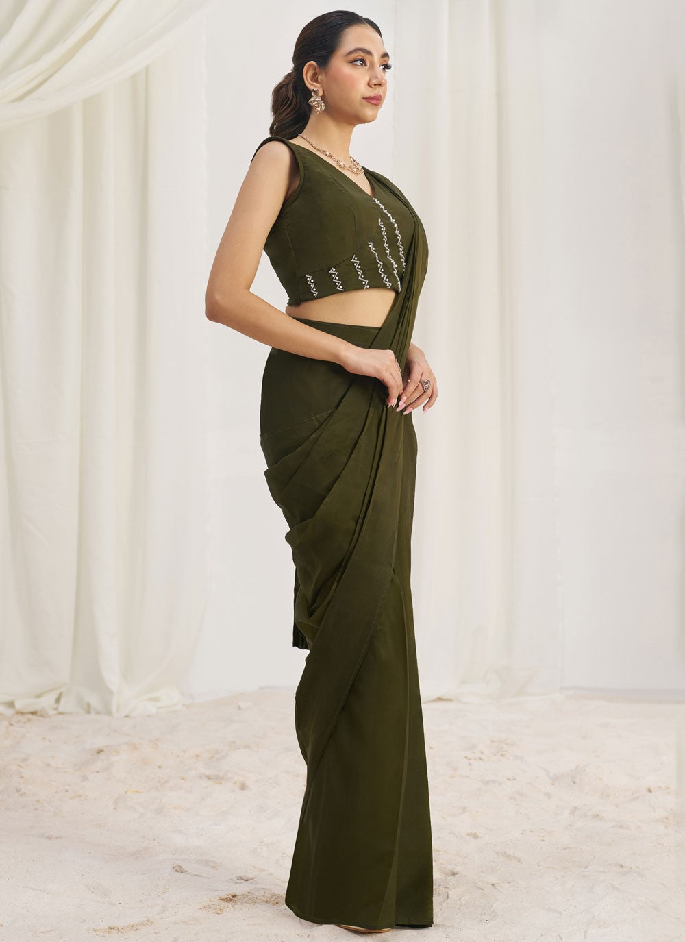 Plain Organza Green Saree S14585