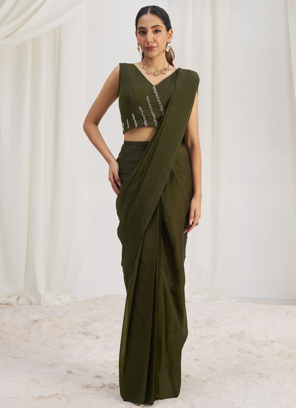 Plain Organza Green Saree S14585