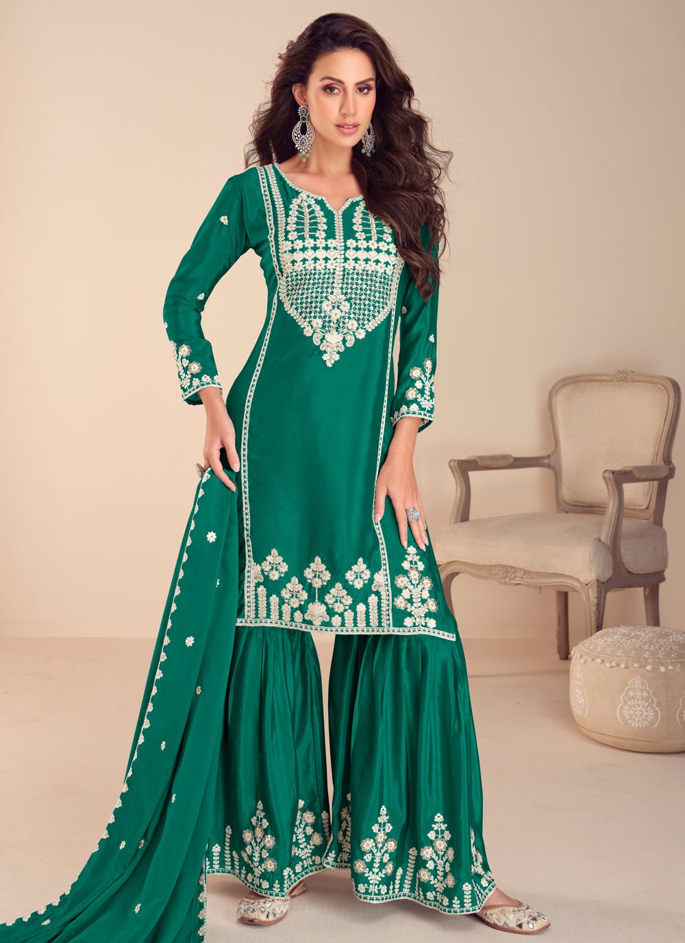 Embroidered Chinon Green Salwar Suit T6018