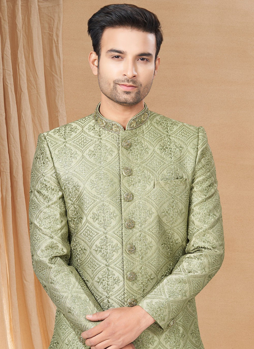 Hand Embroidery Lucknowi Green Indo Western - M6227