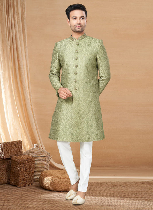 Hand Embroidery Lucknowi Green Indo Western - M6227