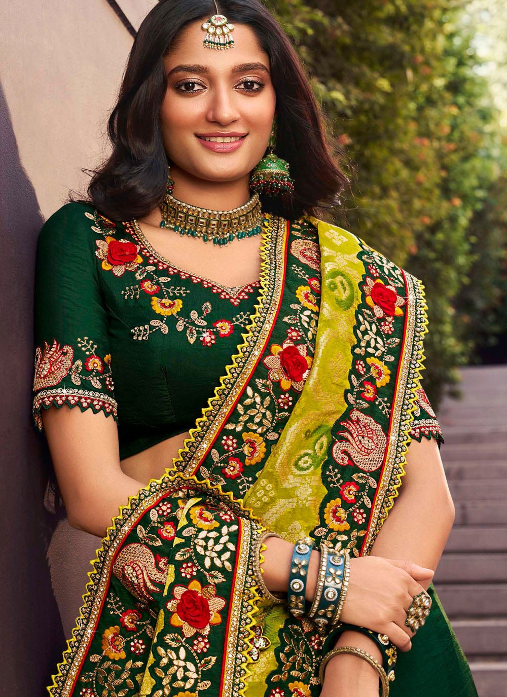Traditional Border Work Green Silk Saree S13402