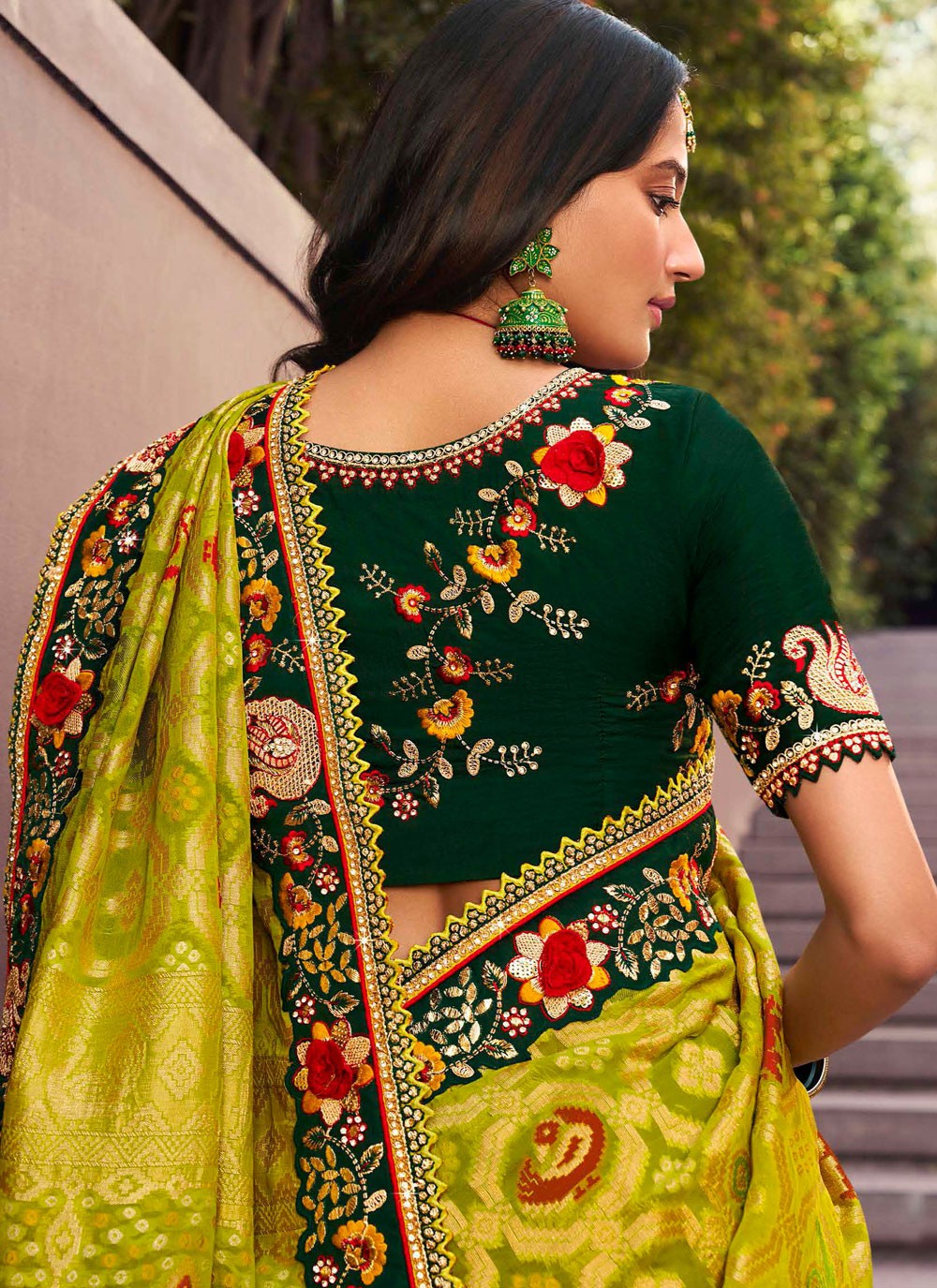Traditional Border Work Green Silk Saree S13402