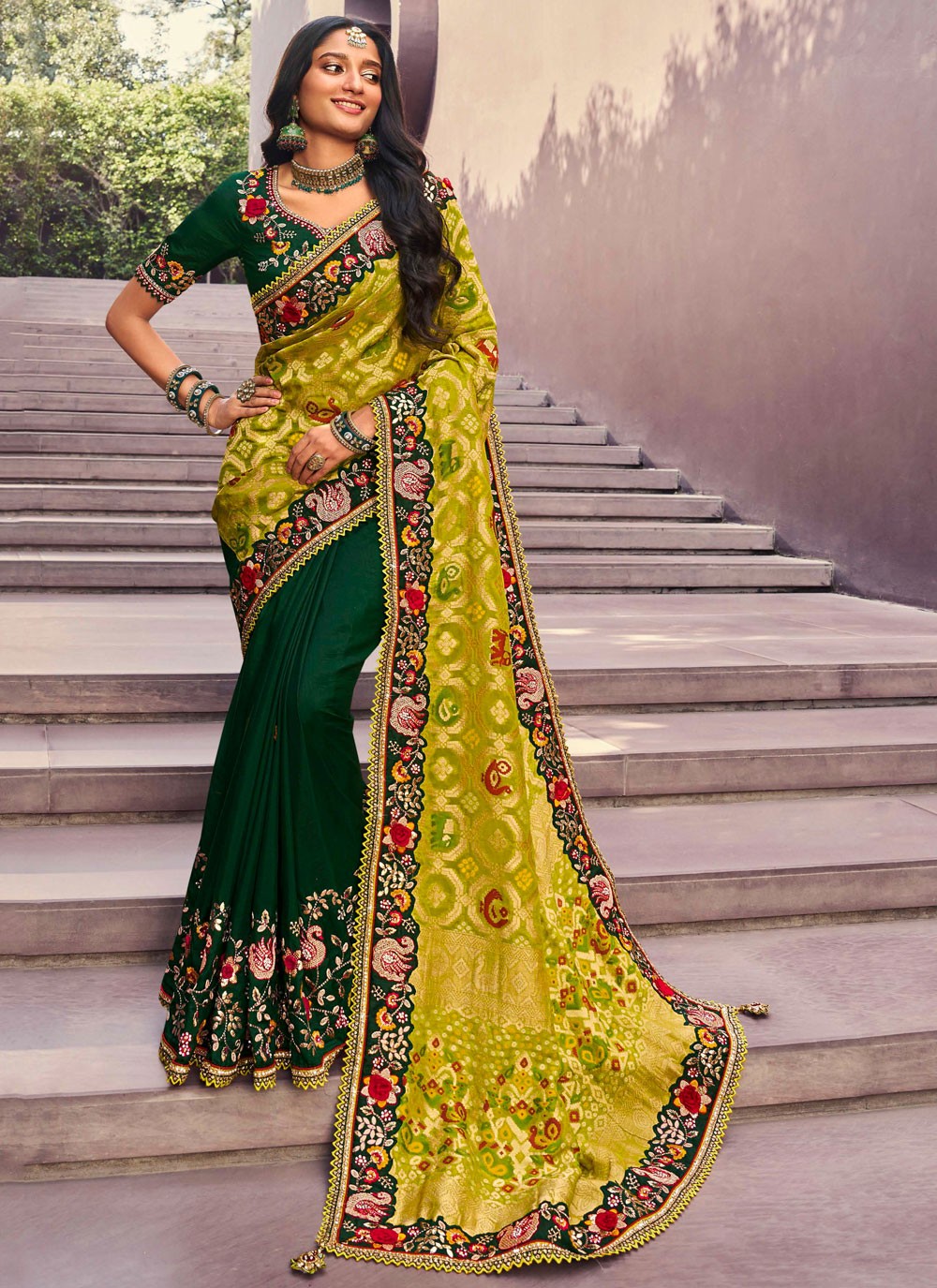 Traditional Border Work Green Silk Saree S13402