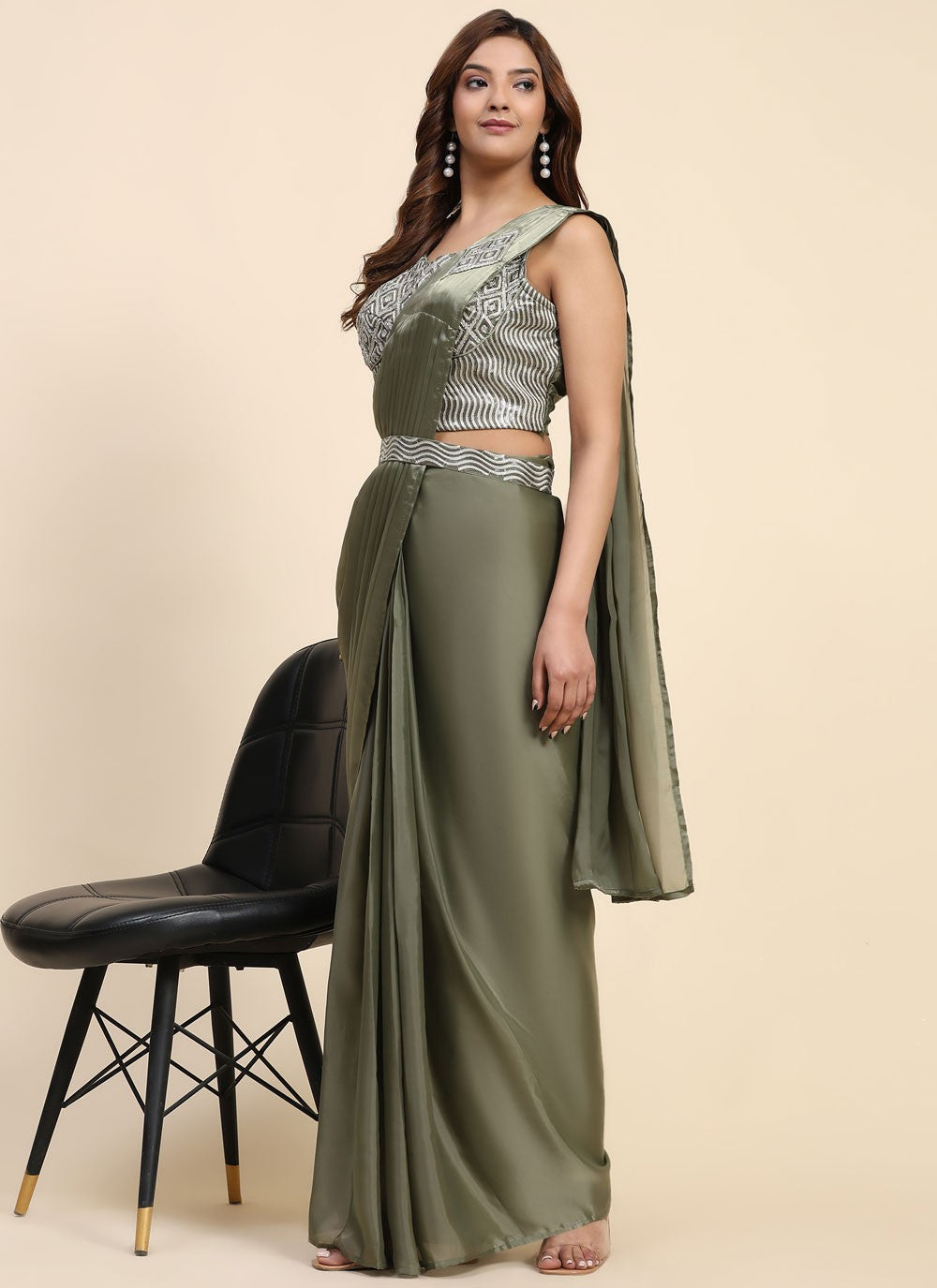 Trendy Embroidered Imported, Satin Saree - S5398