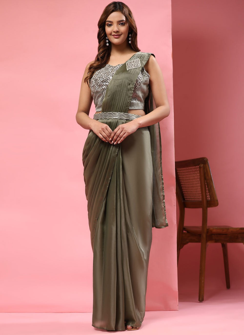 Trendy Embroidered Imported, Satin Saree - S5398