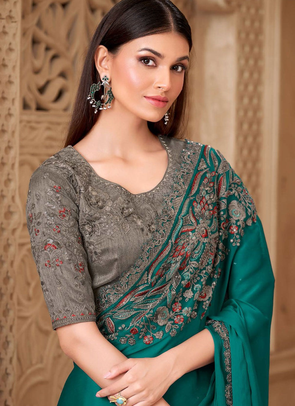 Green Satin Silk Traditional Saree Border Work, Embroidered S19792