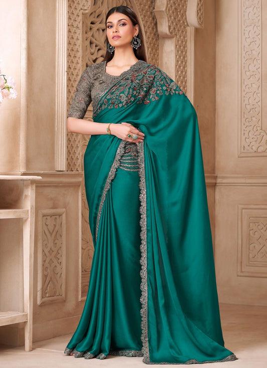Green Satin Silk Traditional Saree Border Work, Embroidered S19792