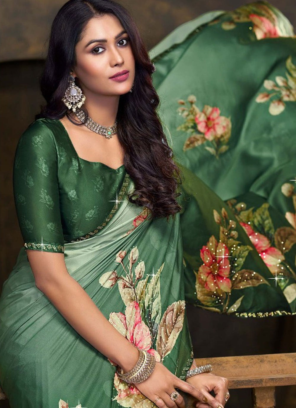 Trendy Saree Digital Print Green Satin Silk Saree S13243