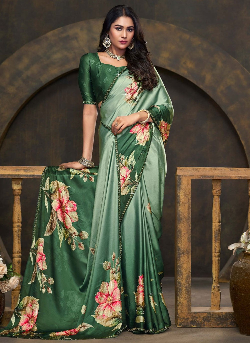 Trendy Saree Digital Print Green Satin Silk Saree S13243