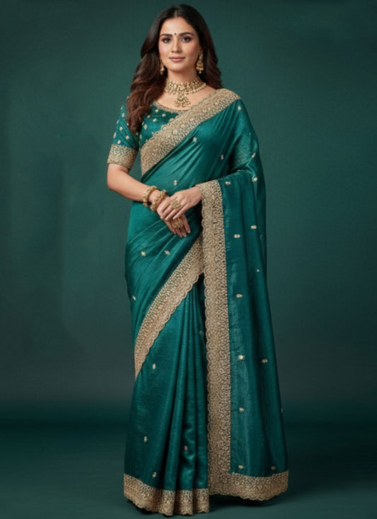 Green Satin Silk Trendy Saree Embroidered, Swarovski S20240