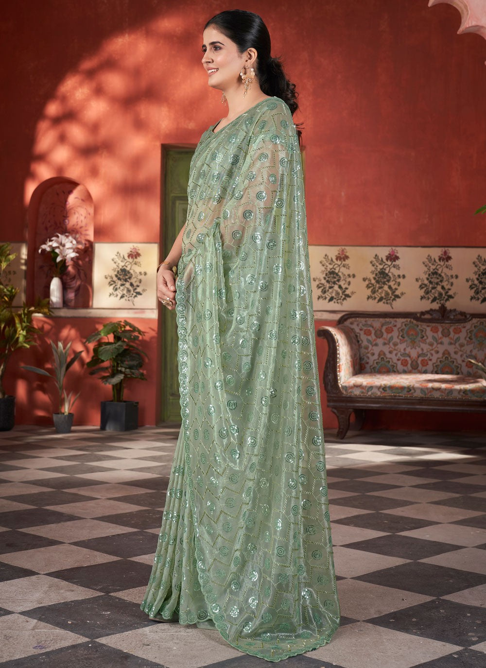 Green Net Traditional Saree Cut Work, Embroidered, Sequins, Thread S15710