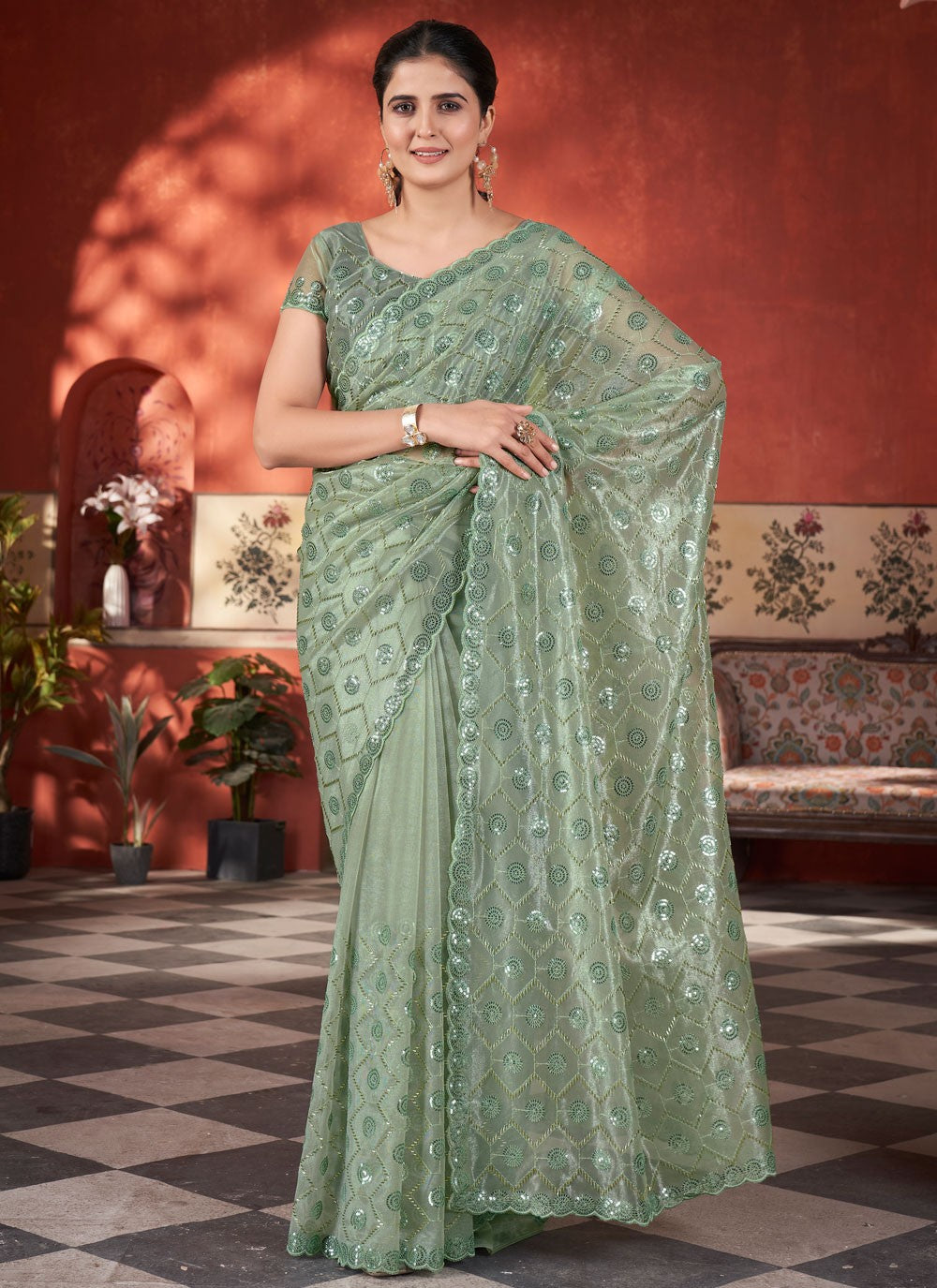 Green Net Traditional Saree Cut Work, Embroidered, Sequins, Thread S15710