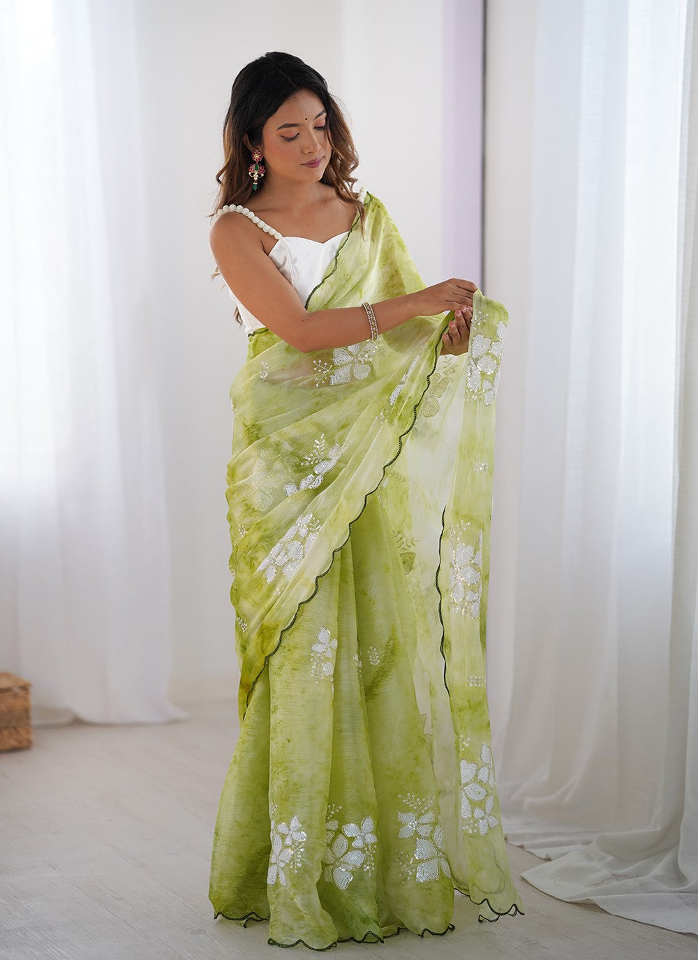 Green Jimmy Chu Classic Saree Sequins, Thread S16110