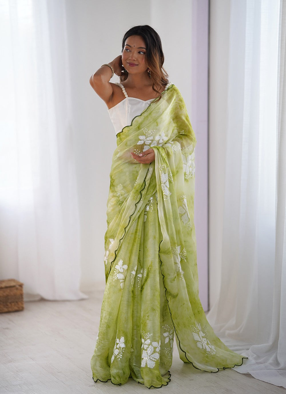 Green Jimmy Chu Classic Saree Sequins, Thread S16110
