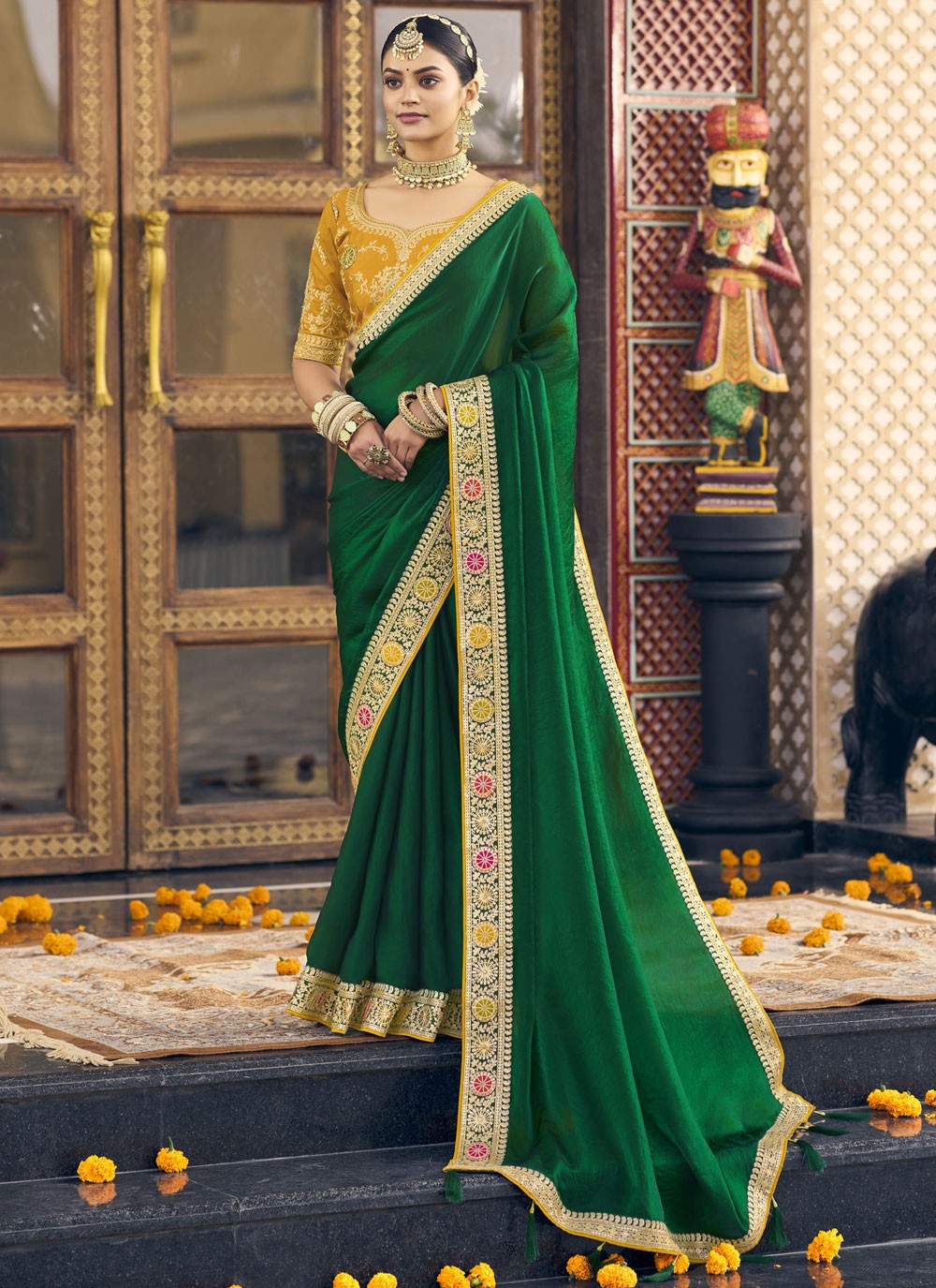 Border Work Georgette Green Traditional Saree S15359