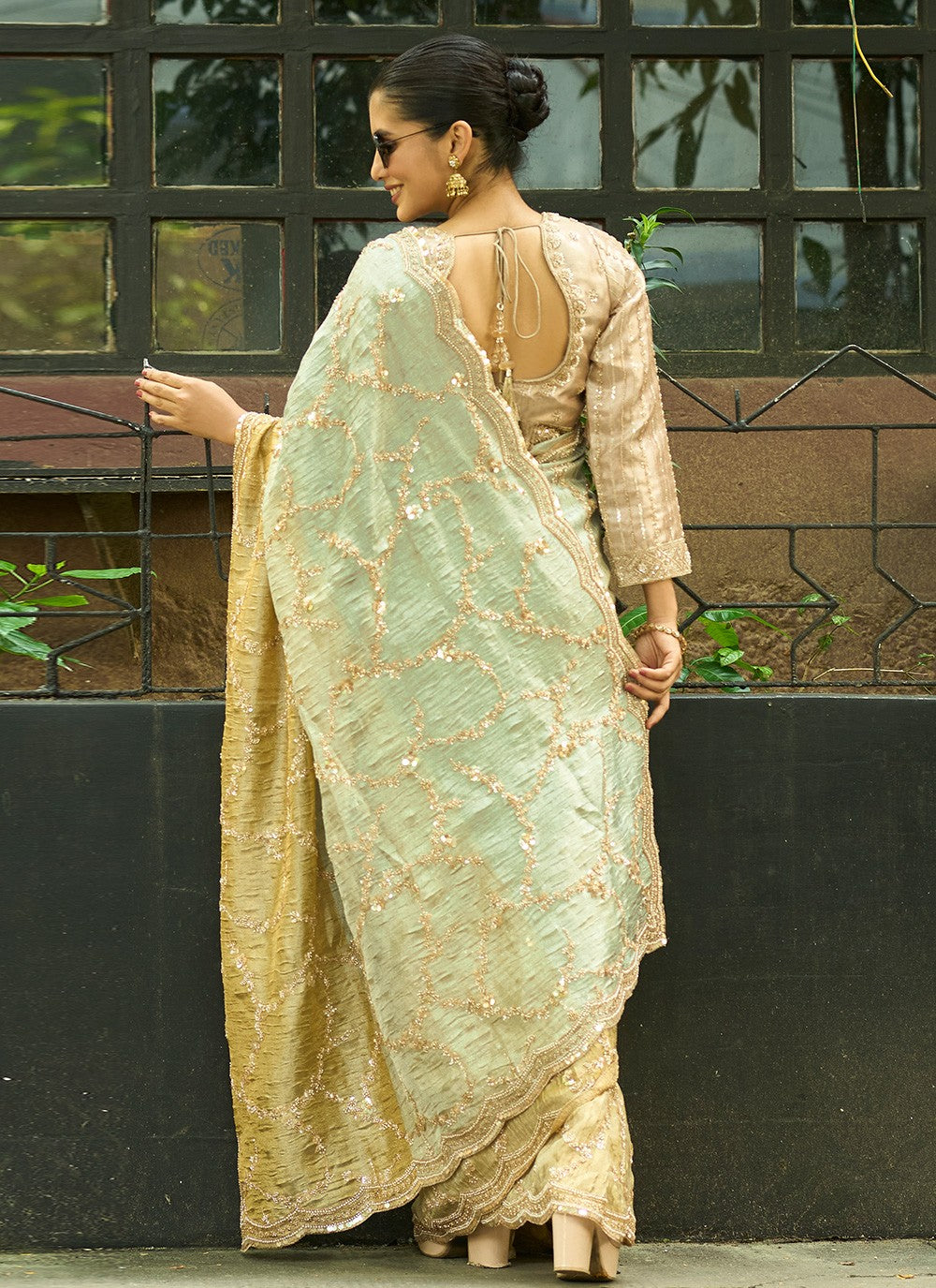 Green Silk Contemporary Saree Embroidered, Sequins S20143