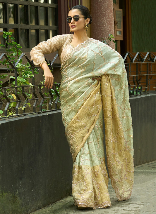 Green Silk Contemporary Saree Embroidered, Sequins S20143