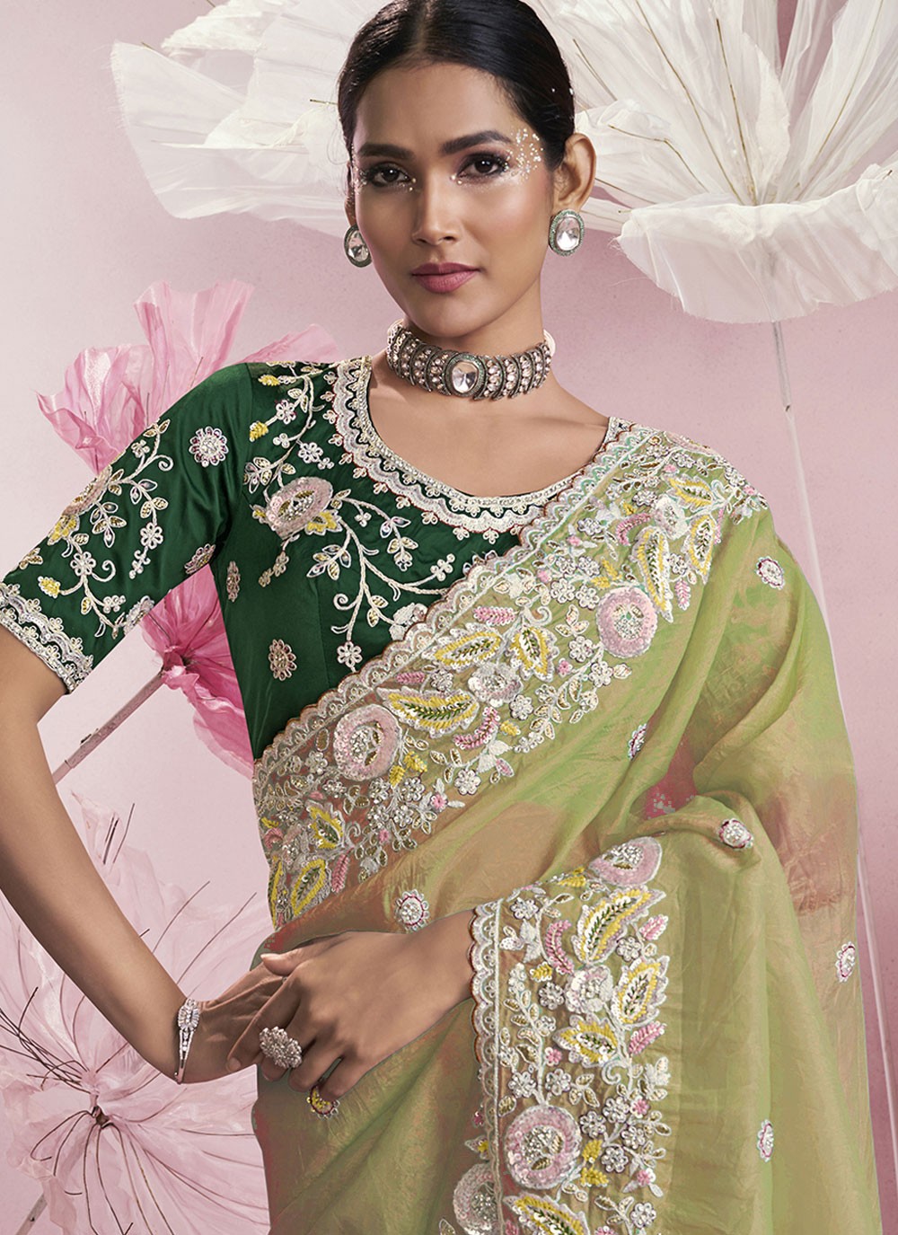 Embroidered Silk Green Saree S14149