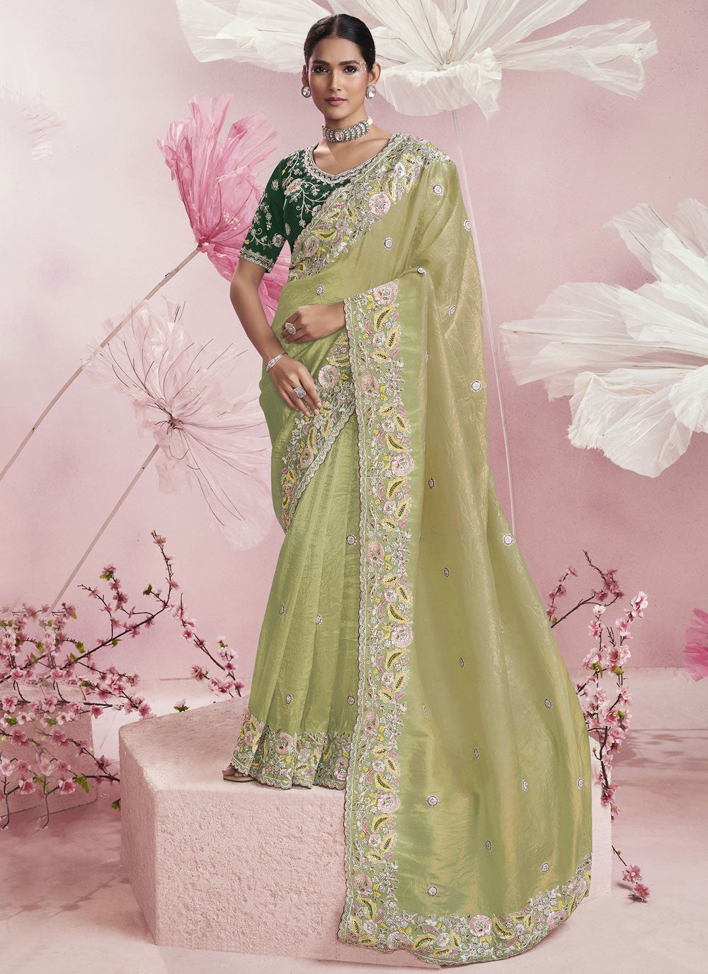 Embroidered Silk Green Saree S14149