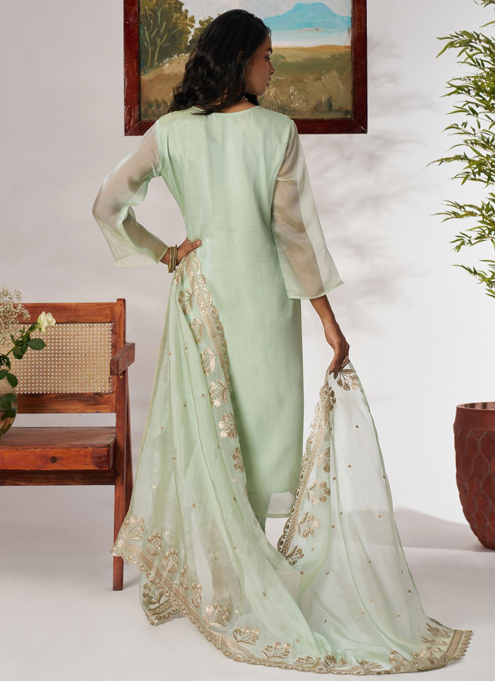 Salwar Suit Beads Green Organza T5909