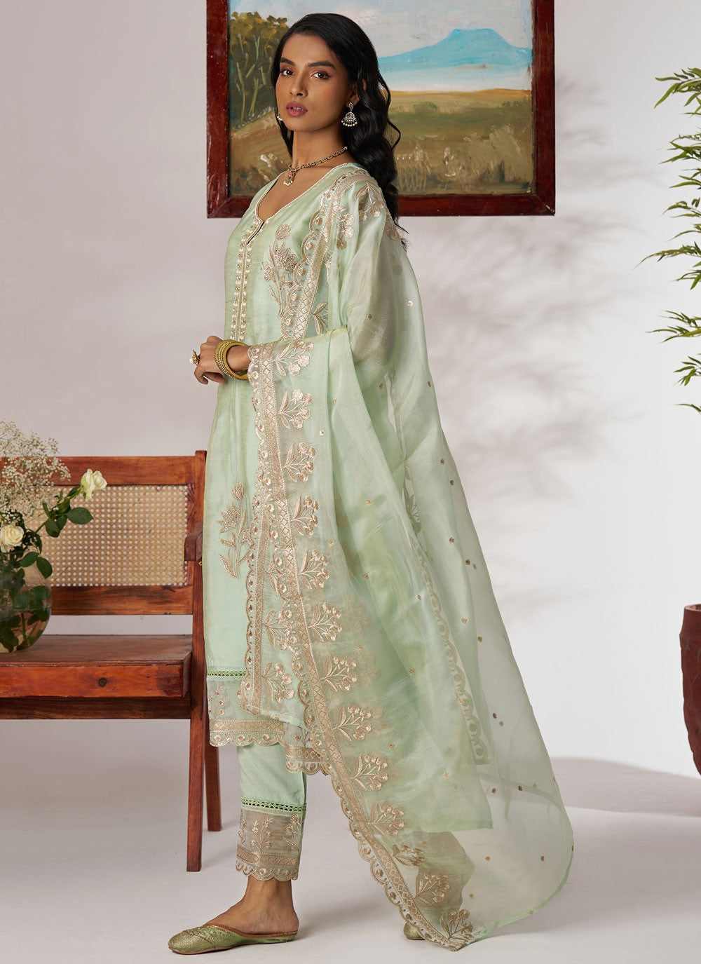 Salwar Suit Beads Green Organza T5909
