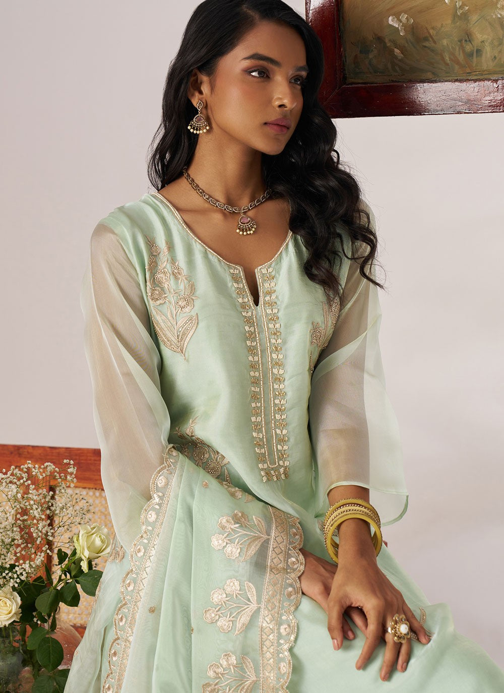 Salwar Suit Beads Green Organza T5909