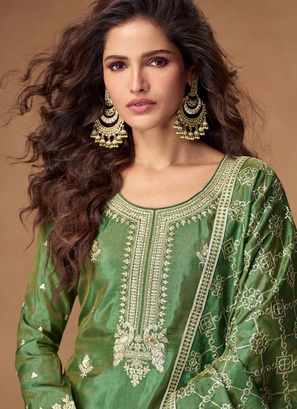 Palazzo Suit Embroidered, Sequins, Zari Green T8185