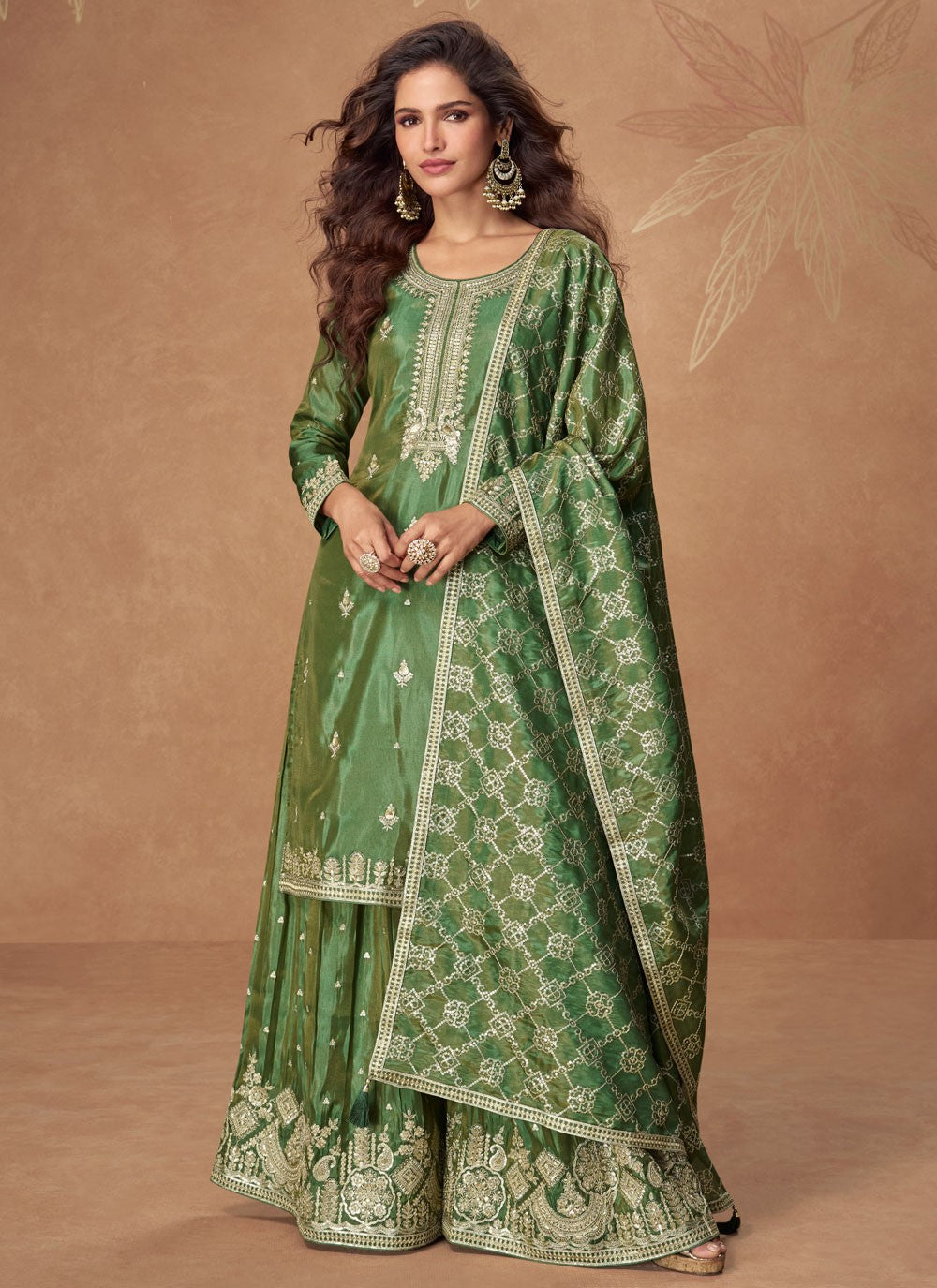 Palazzo Suit Embroidered, Sequins, Zari Green T8185