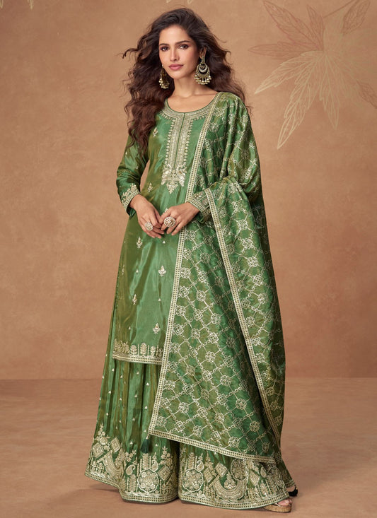 Palazzo Suit Embroidered, Sequins, Zari Green T8185