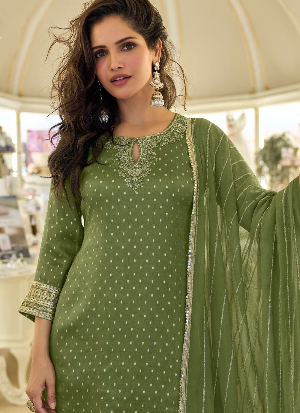 Sharara Suit Embroidered, Sequins Green T8462