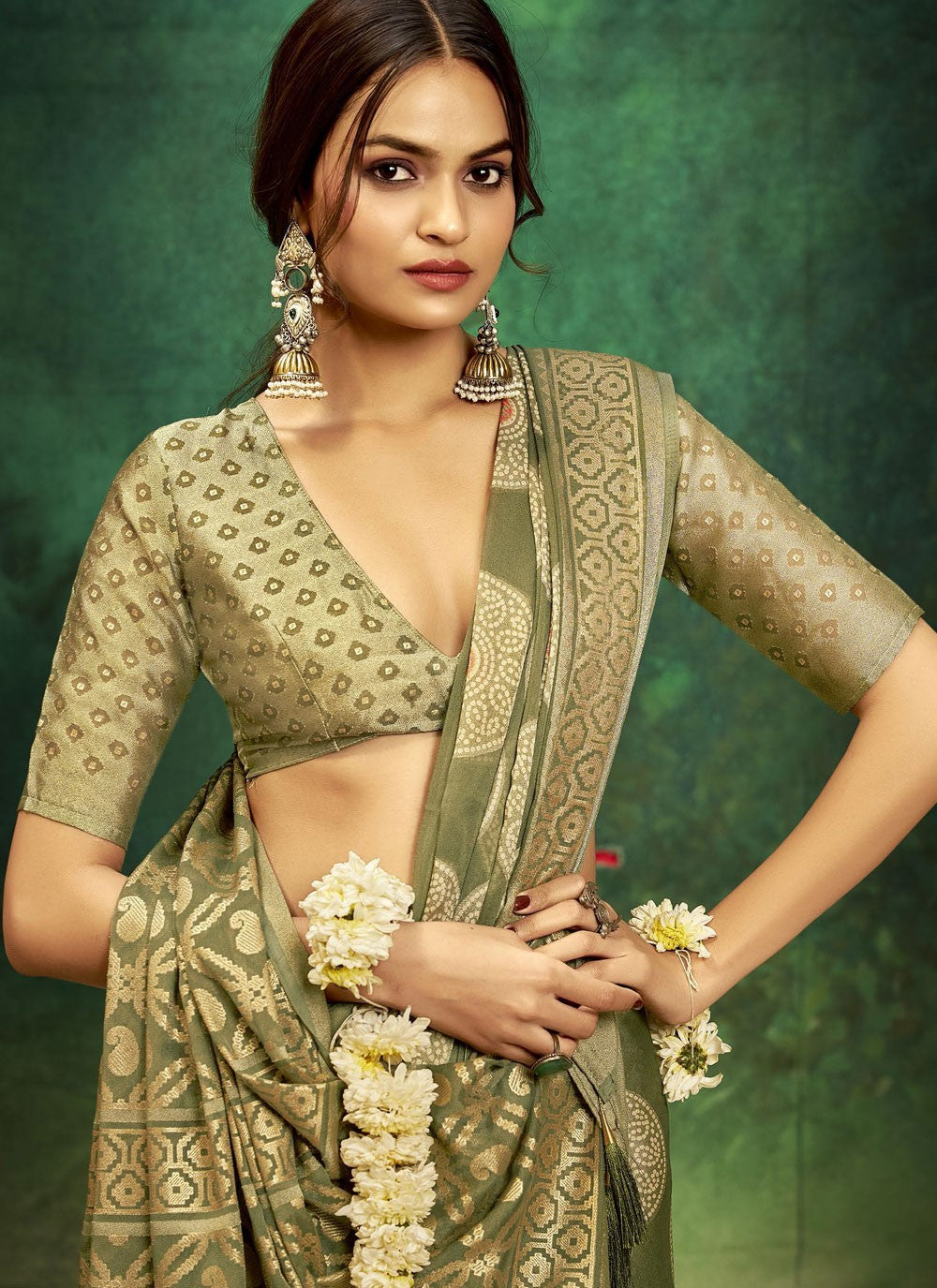 Green Silk Designer Saree Jacquard Work, Printed S17388