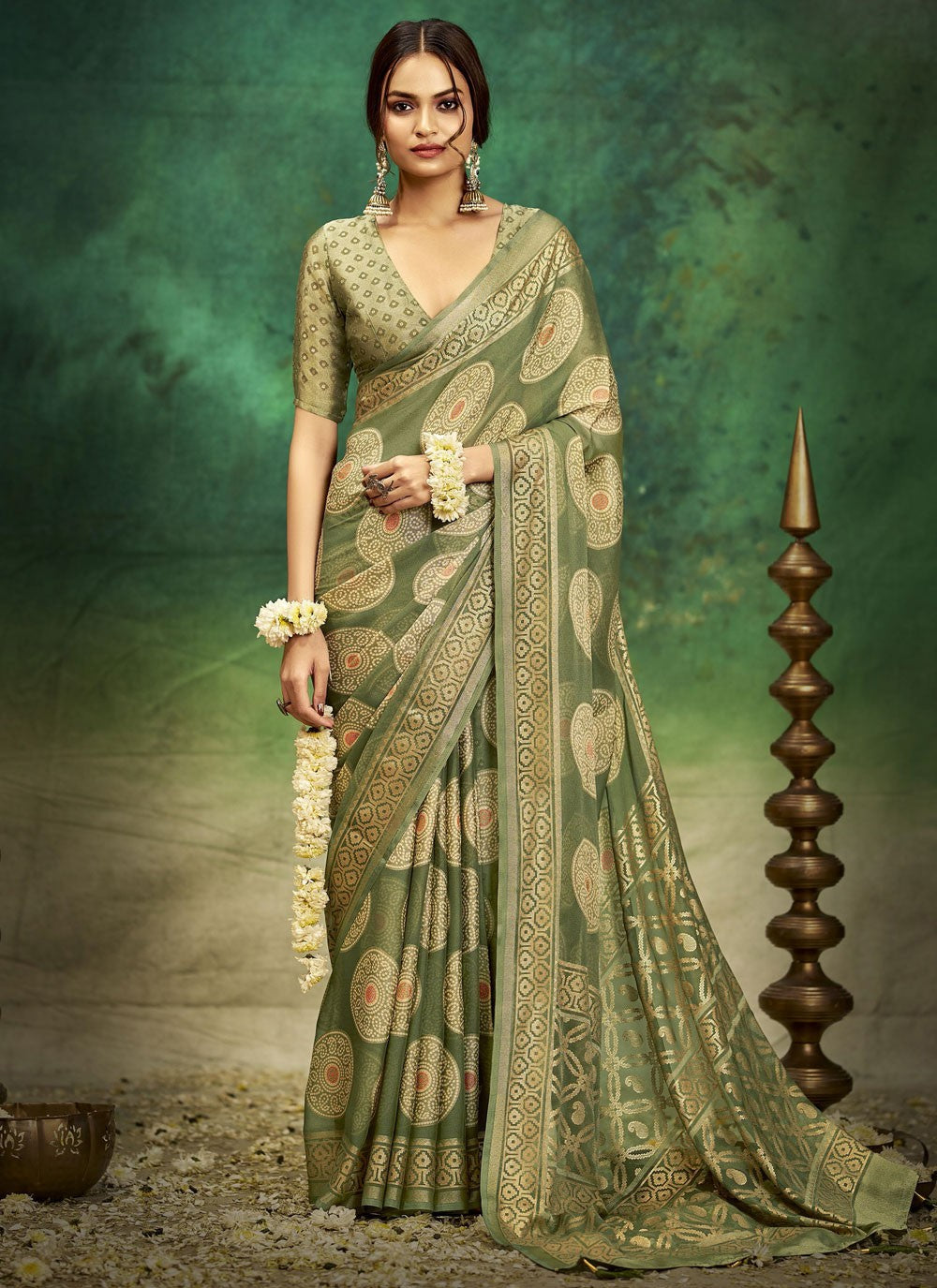 Green Silk Designer Saree Jacquard Work, Printed S17388