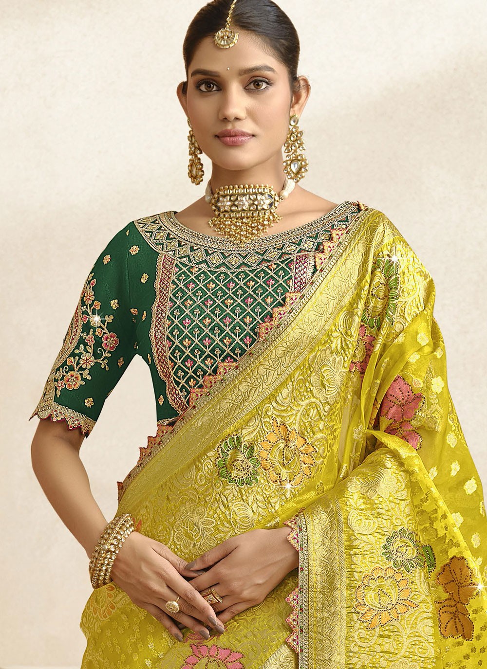 Cut Work Silk Green Classic Saree S15459