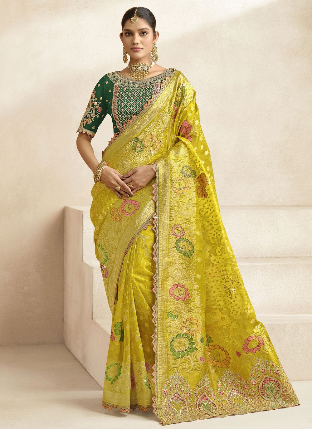 Cut Work Silk Green Classic Saree S15459