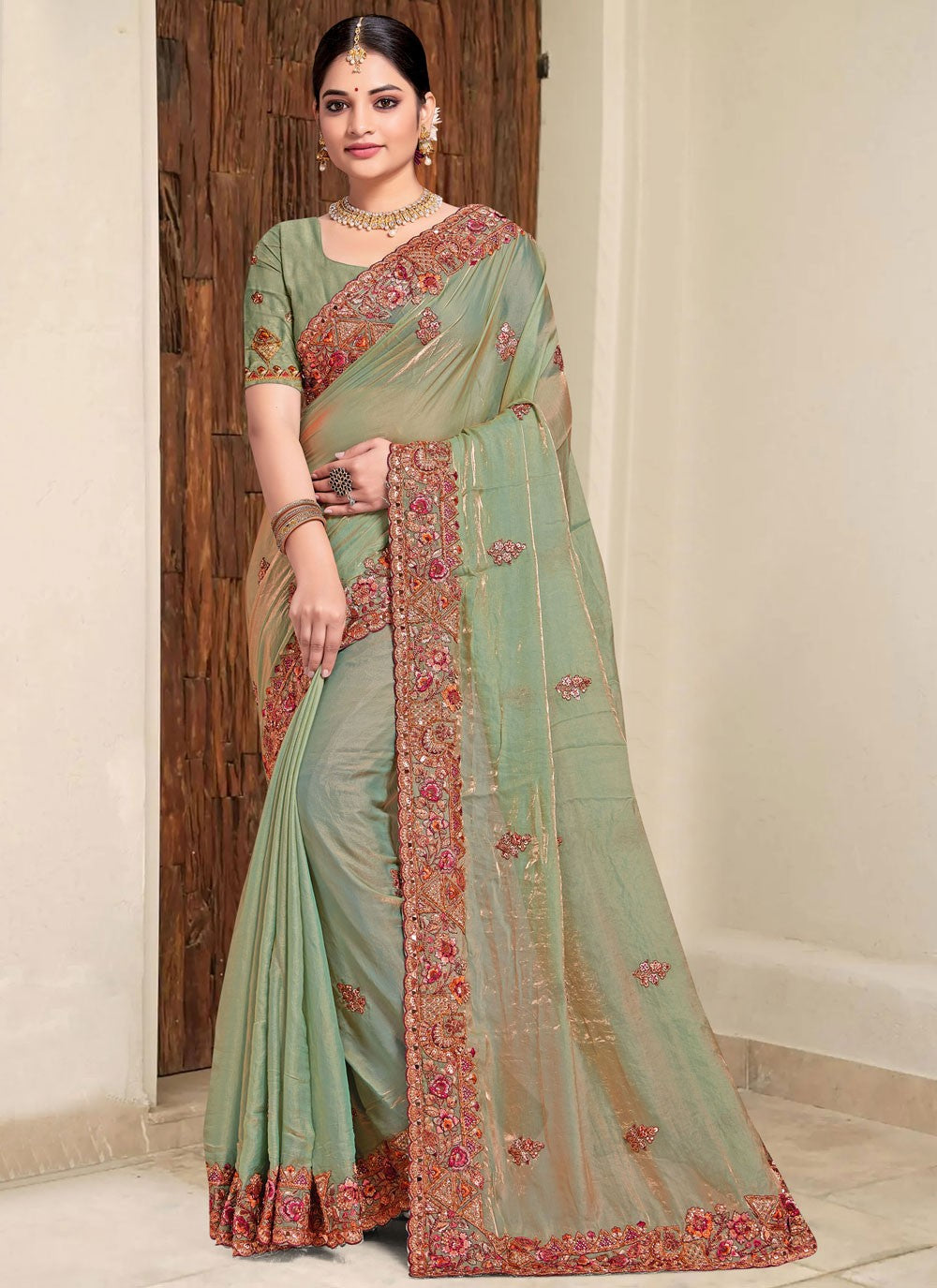 Contemporary Beads Green Silk Saree S13087