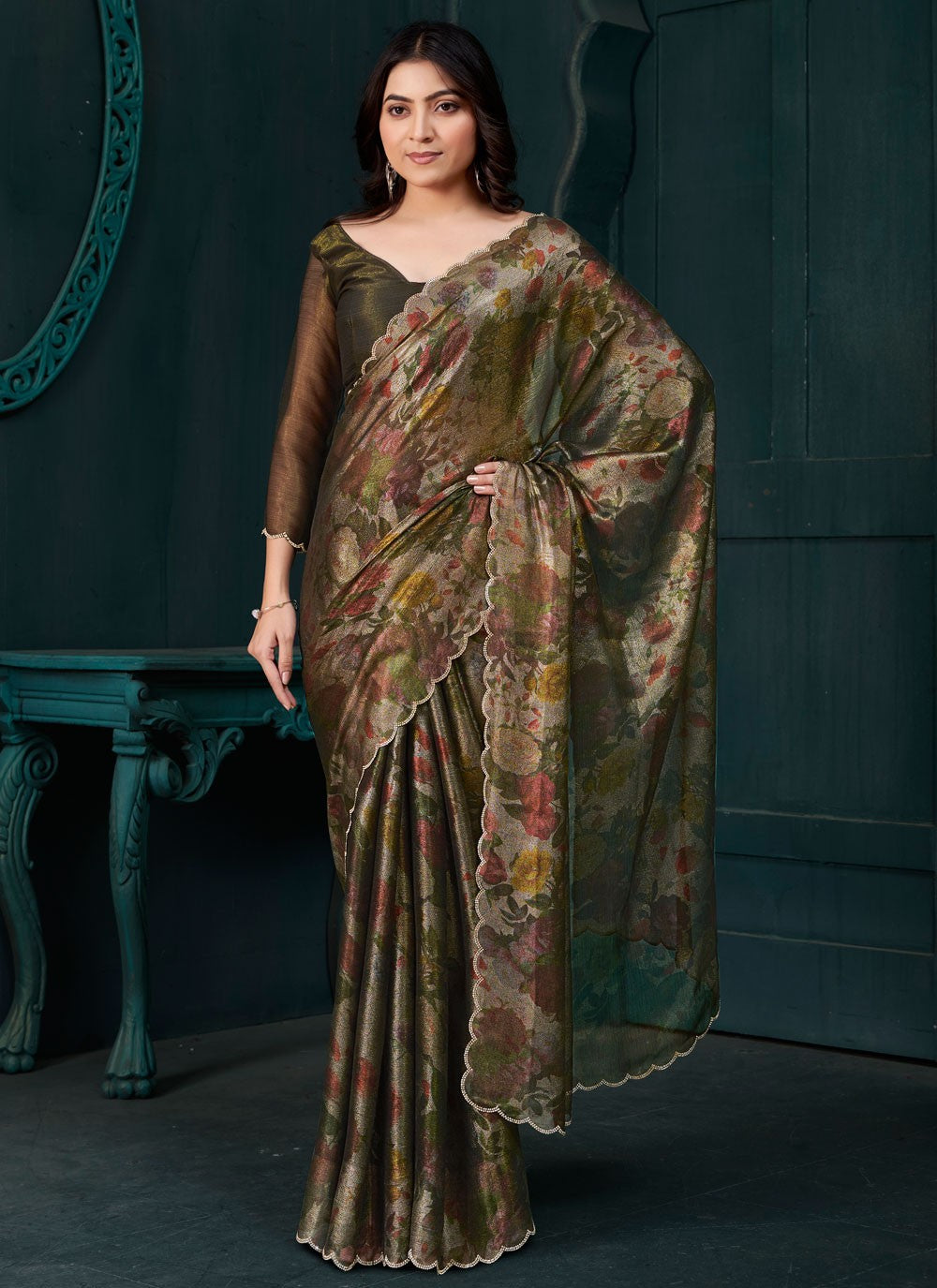 Cut Work Silk Green Classic Saree S15130