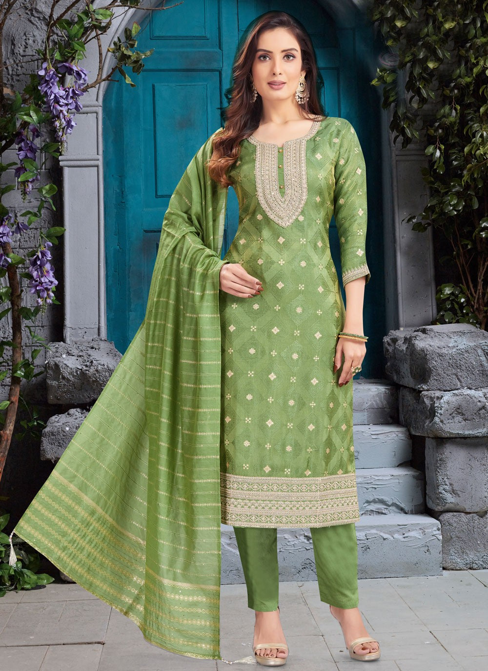 Salwar Suit Embroidered Green Silk T5663