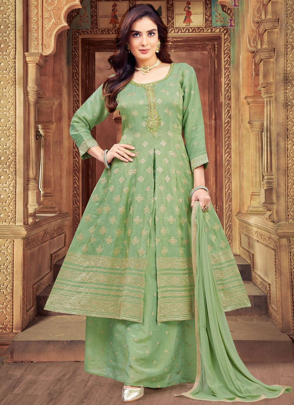 Palazzo Suit Embroidered, Zari Green T6621