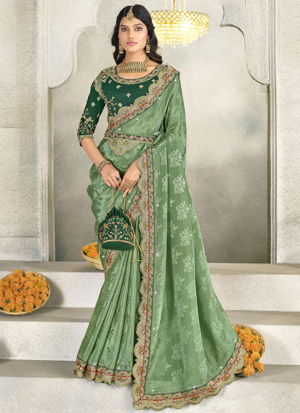 Border Work Silk Green Trendy Saree S15558