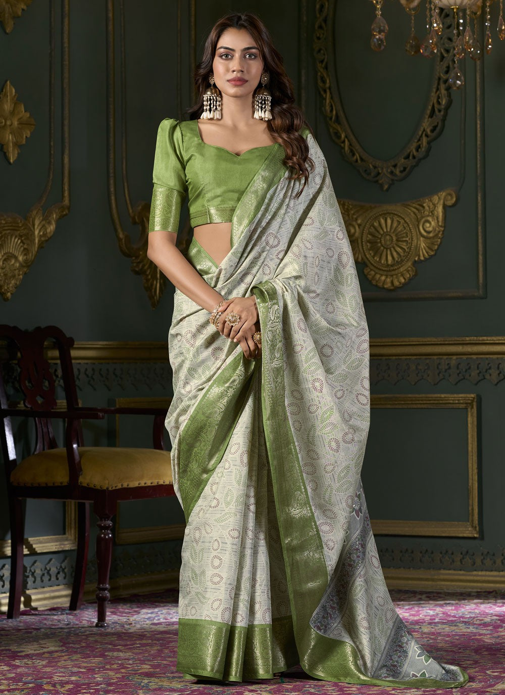 Contemporary Foliage Prints Silk Saree - S9095