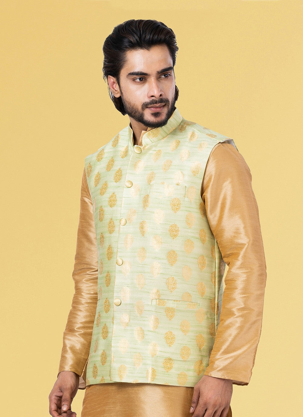 Jacquard Work Silk Green Nehru Jackets - M7435