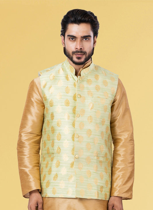 Jacquard Work Silk Green Nehru Jackets - M7435