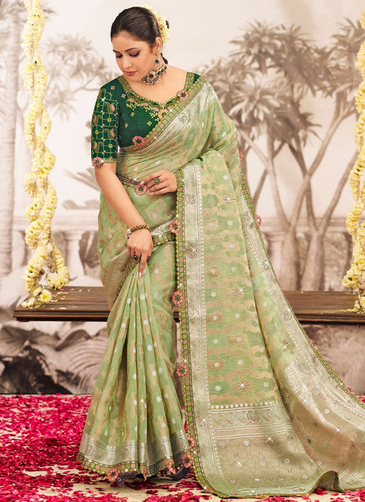 Green Silk Classic Saree Embroidered, Lace S19593