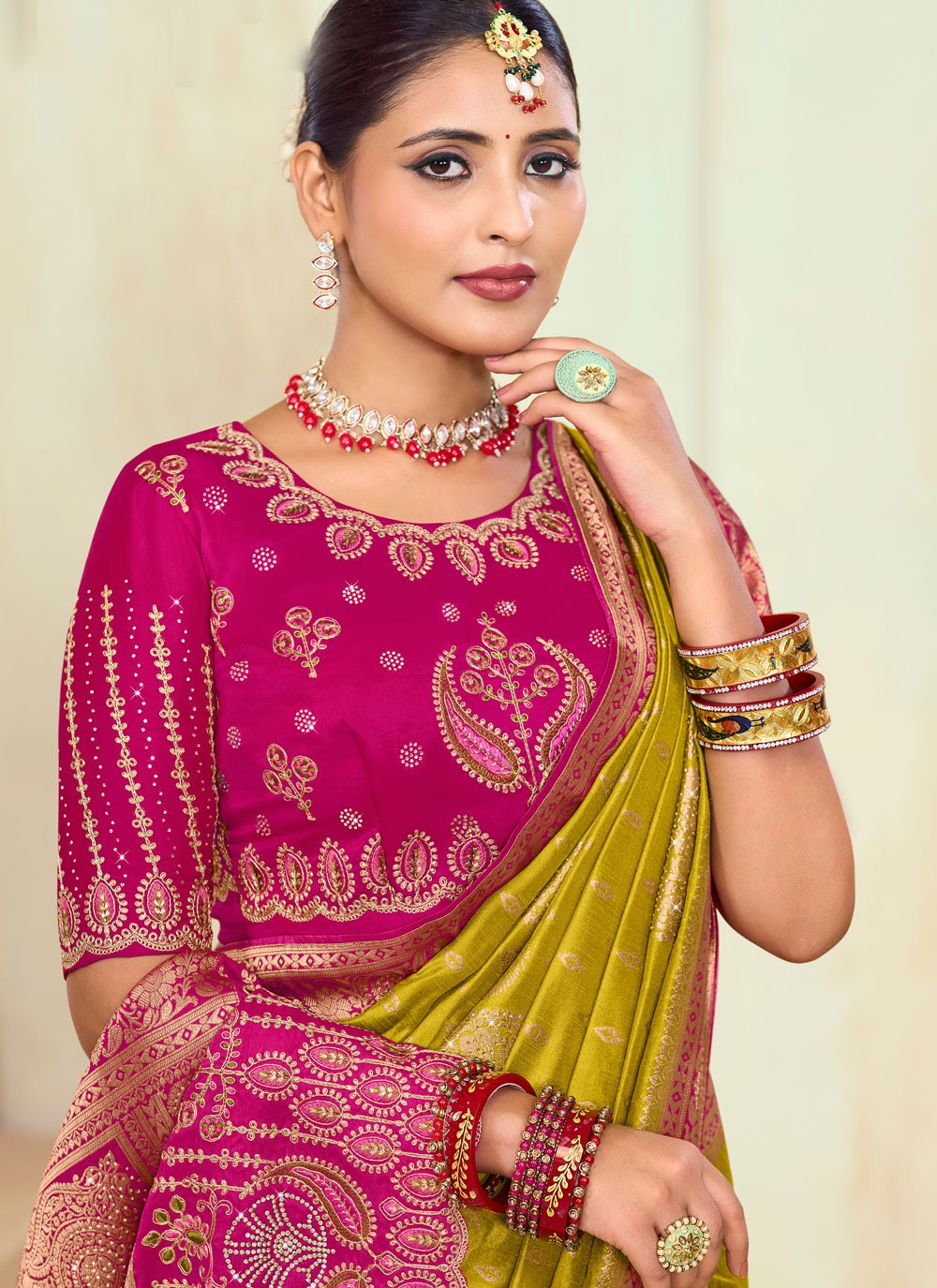 Contemporary Paisley Printed Green Silk S12655