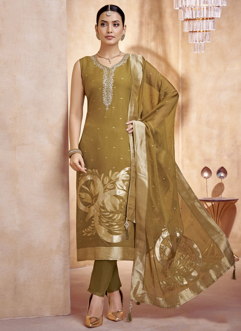 Pant Style Suit Embroidered, Jacquard Work Green T8258