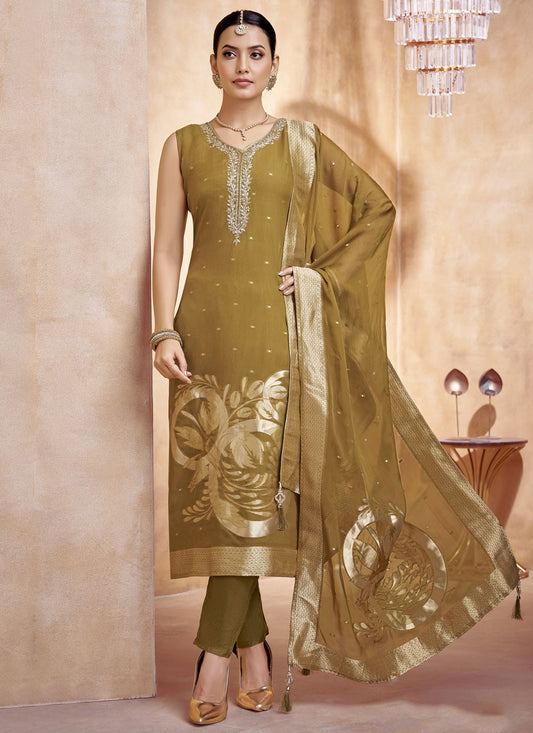 Pant Style Suit Embroidered, Jacquard Work Green T8258