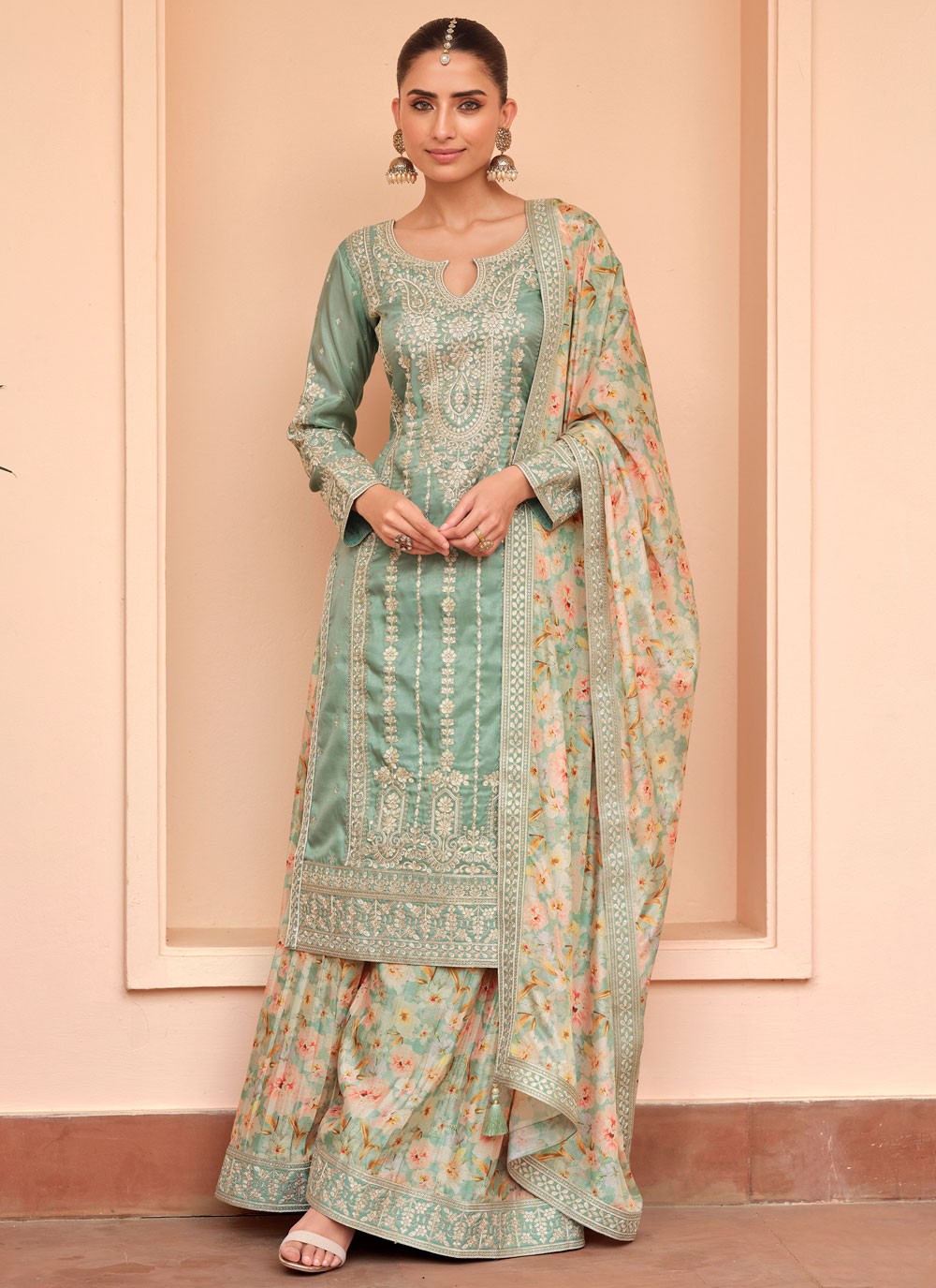 Palazzo Suit Embroidered Green T8668