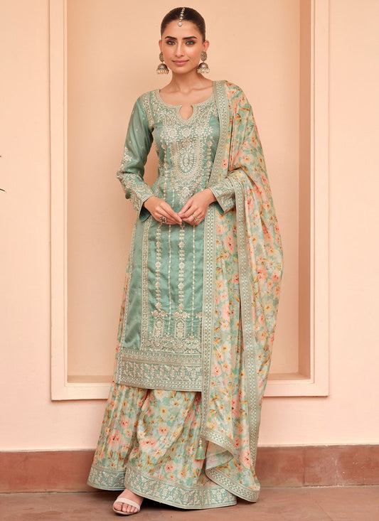 Palazzo Suit Embroidered Green T8668